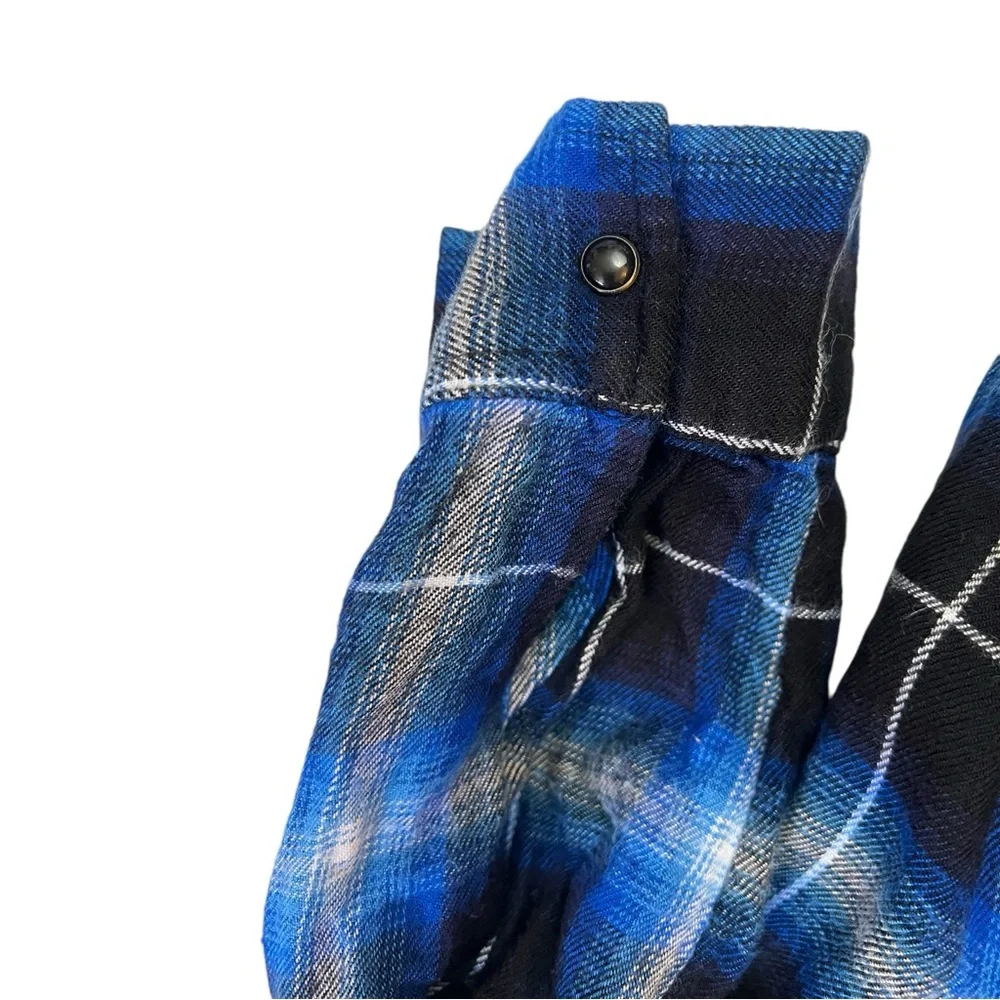 Justice Cropped Electr  Blue Plaid Long Sleeve Button Down Fringed Flannel - Picture 10 of 10